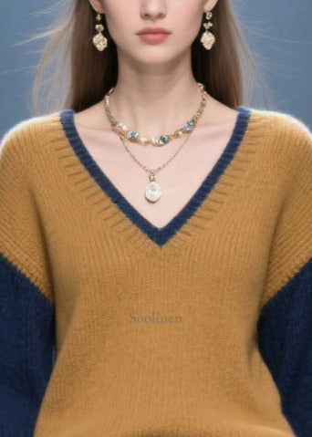 Italian Brown V Neck Patchwork Lace Sweaters Winter