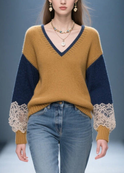 Italian Brown V Neck Patchwork Lace Sweaters Winter