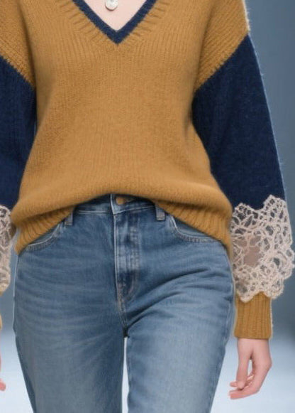 Italian Brown V Neck Patchwork Lace Sweaters Winter