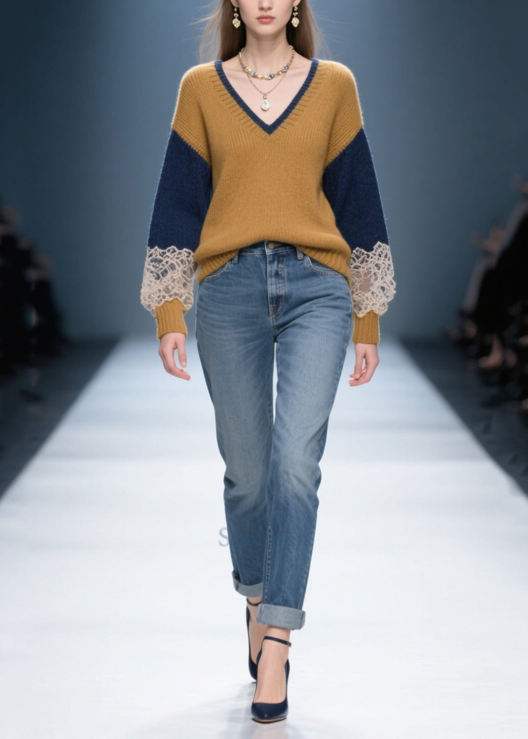 Italian Brown V Neck Patchwork Lace Sweaters Winter