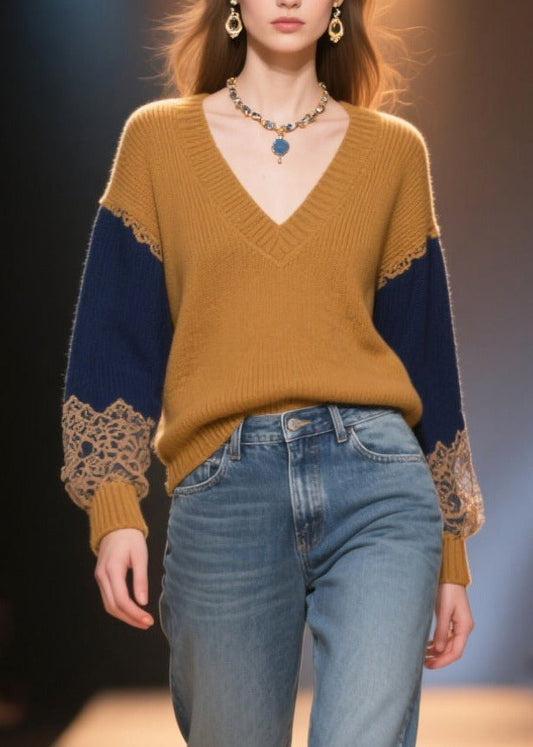 Italian Brown V Neck Patchwork Thick Sweater Tops Winter