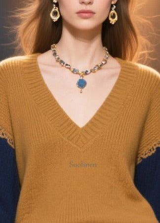 Italian Brown V Neck Patchwork Thick Sweater Tops Winter