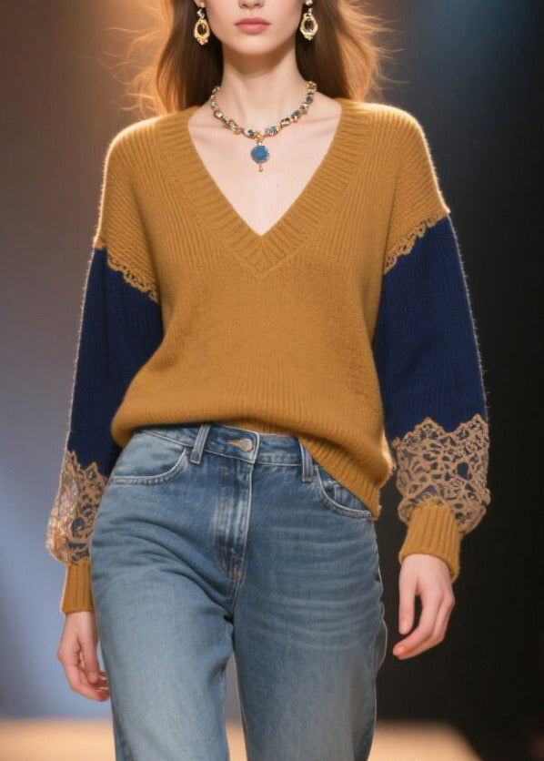 Italian Brown V Neck Patchwork Thick Sweater Tops Winter