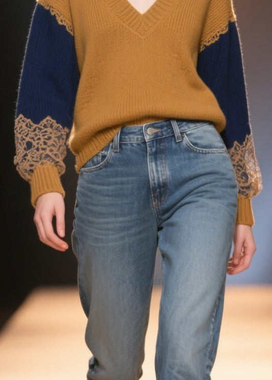 Italian Brown V Neck Patchwork Thick Sweater Tops Winter