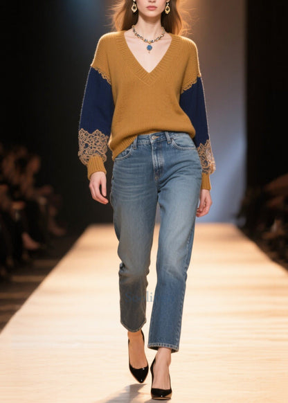 Italian Brown V Neck Patchwork Thick Sweater Tops Winter