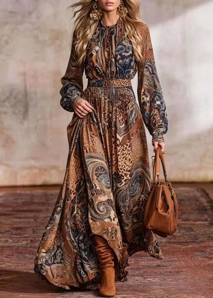 Italian Camel O-Neck Print Exra Large Hem Vacation Dresses Long Sleeve