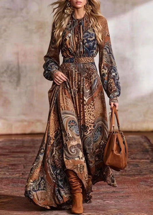 Italian Camel O-Neck Print Exra Large Hem Vacation Dresses Long Sleeve