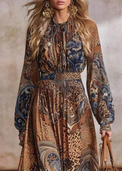 Italian Camel O-Neck Print Exra Large Hem Vacation Dresses Long Sleeve