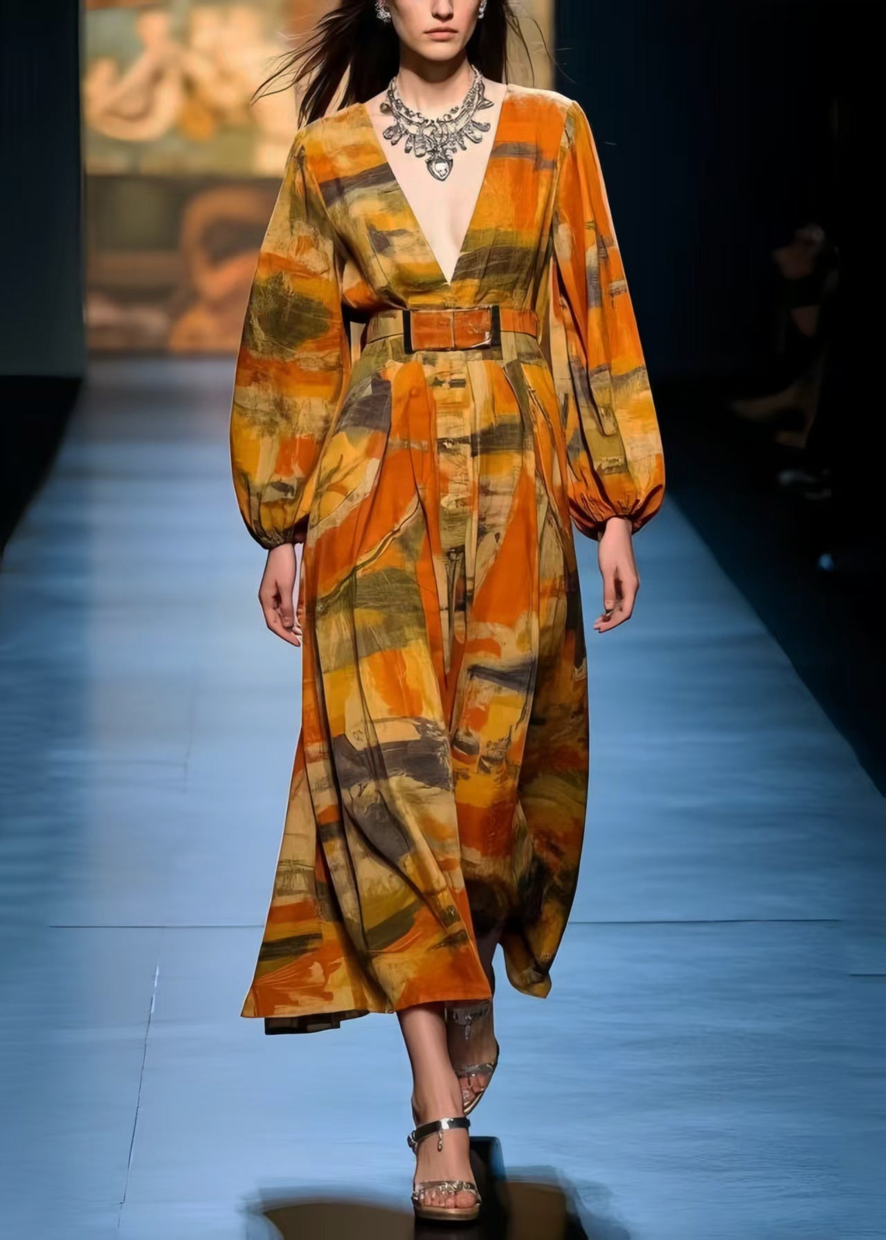 Italian Caramel V Neck Print Cotton Dress Spring