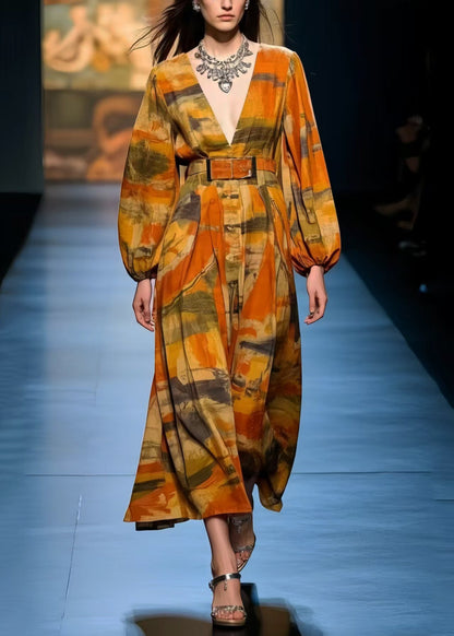 Italian Caramel V Neck Print Cotton Dress Spring