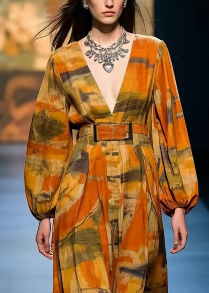 Italian Caramel V Neck Print Cotton Dress Spring