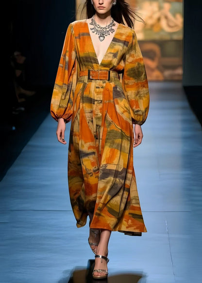 Italian Caramel V Neck Print Cotton Dress Spring