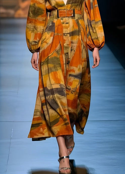 Italian Caramel V Neck Print Cotton Dress Spring