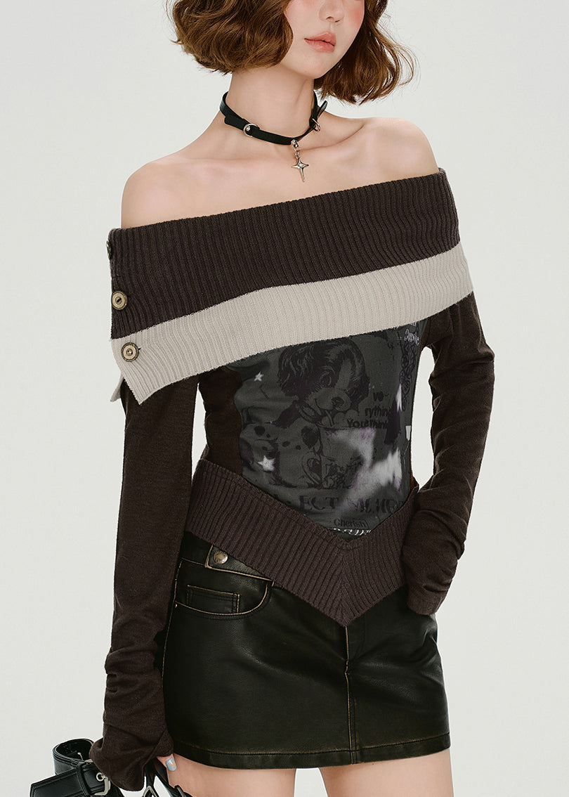 Italian Chocolate Cold Shoulder Patchwork Knit Shirts Spring