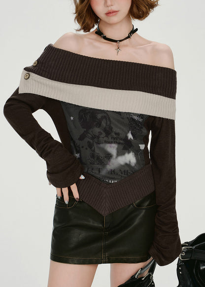 Italian Chocolate Cold Shoulder Patchwork Knit Shirts Spring