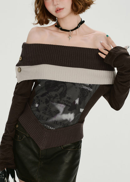 Italian Chocolate Cold Shoulder Patchwork Knit Shirts Spring