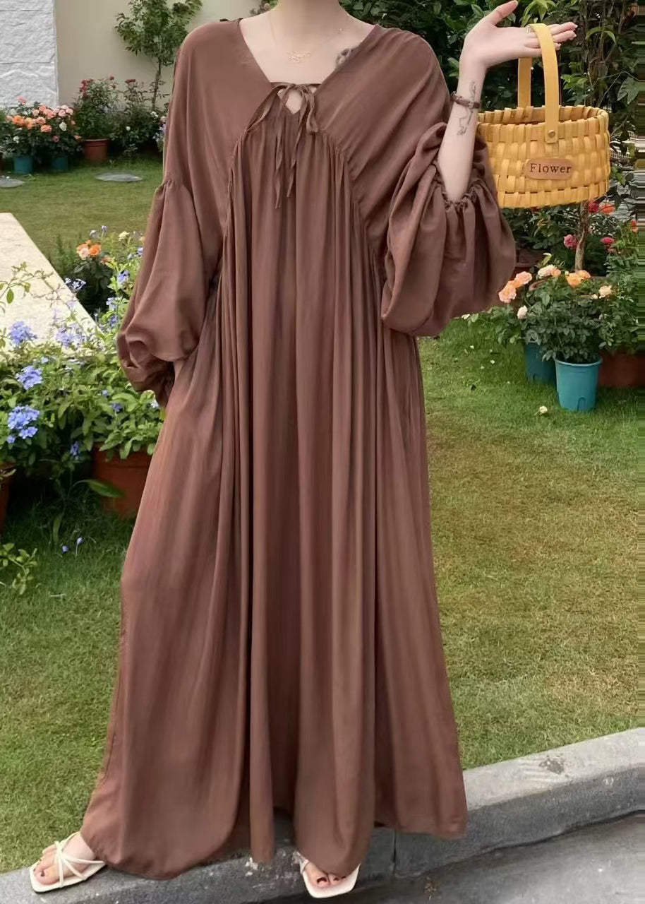 Italian Chocolate Oversized Lace Up Cotton Vacation Dresses Lantern Sleeve