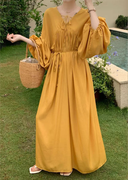 Italian Chocolate Oversized Lace Up Cotton Vacation Dresses Lantern Sleeve