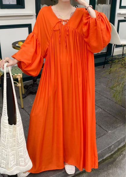 Italian Chocolate Oversized Lace Up Cotton Vacation Dresses Lantern Sleeve