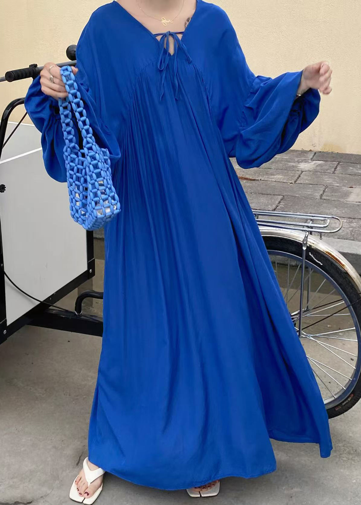 Italian Chocolate Oversized Lace Up Cotton Vacation Dresses Lantern Sleeve