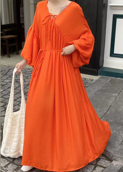 Italian Chocolate Oversized Lace Up Cotton Vacation Dresses Lantern Sleeve