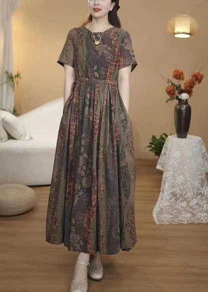 Italian Coffee Cinched Print Cotton Dress Summer