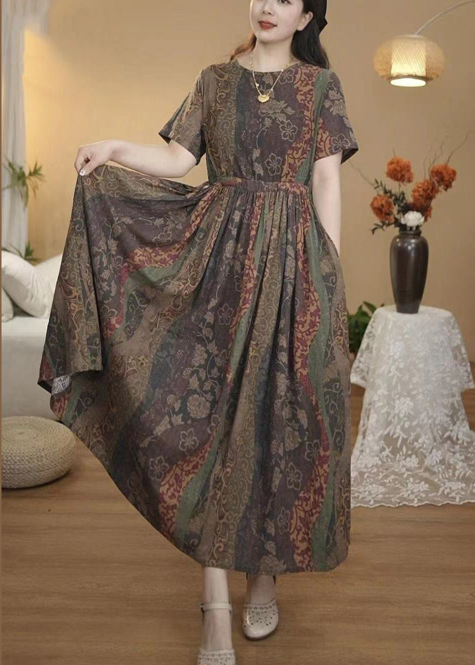 Italian Coffee Cinched Print Cotton Dress Summer