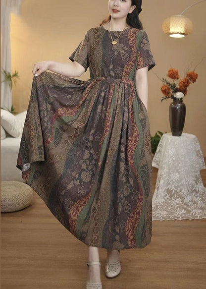 Italian Coffee Cinched Print Cotton Dress Summer
