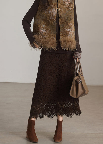 Italian Coffee Elastic Waist Slim Fit Lace Skirt Spring