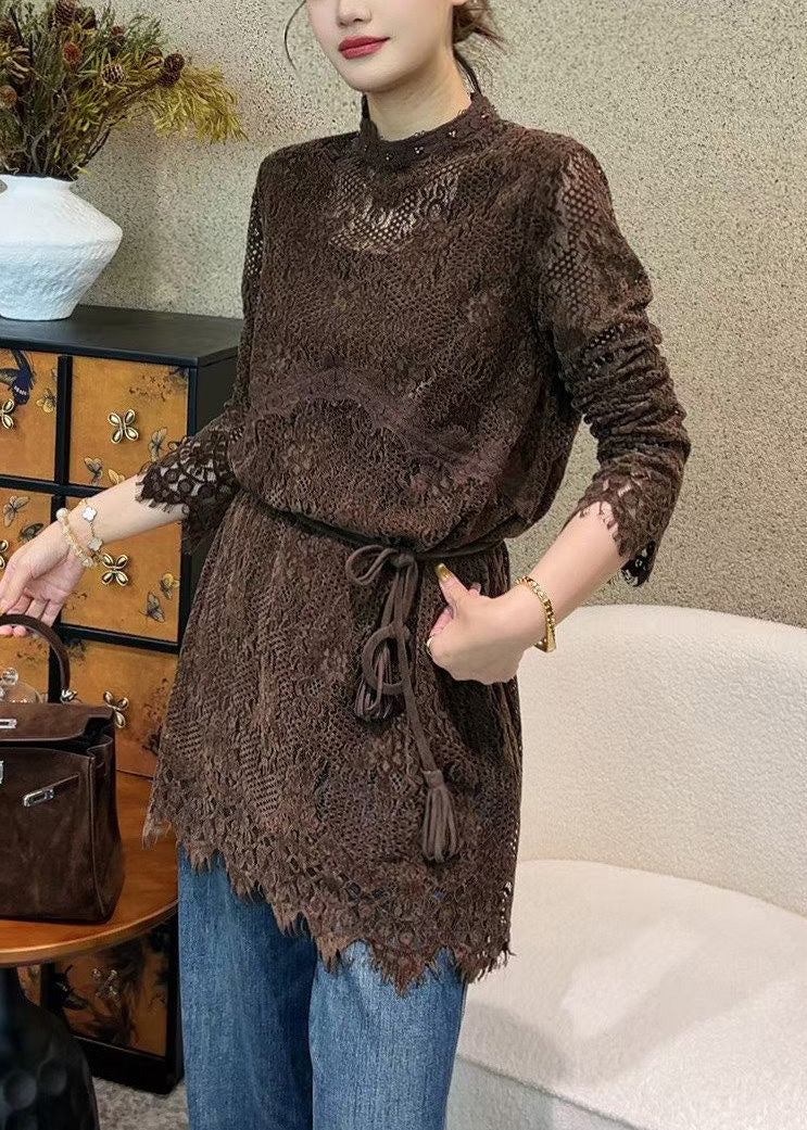 Italian Coffee Hollow Out Tie Waist Lace Mini Dress Fall