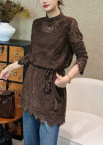 Italian Coffee Hollow Out Tie Waist Lace Mini Dress Fall