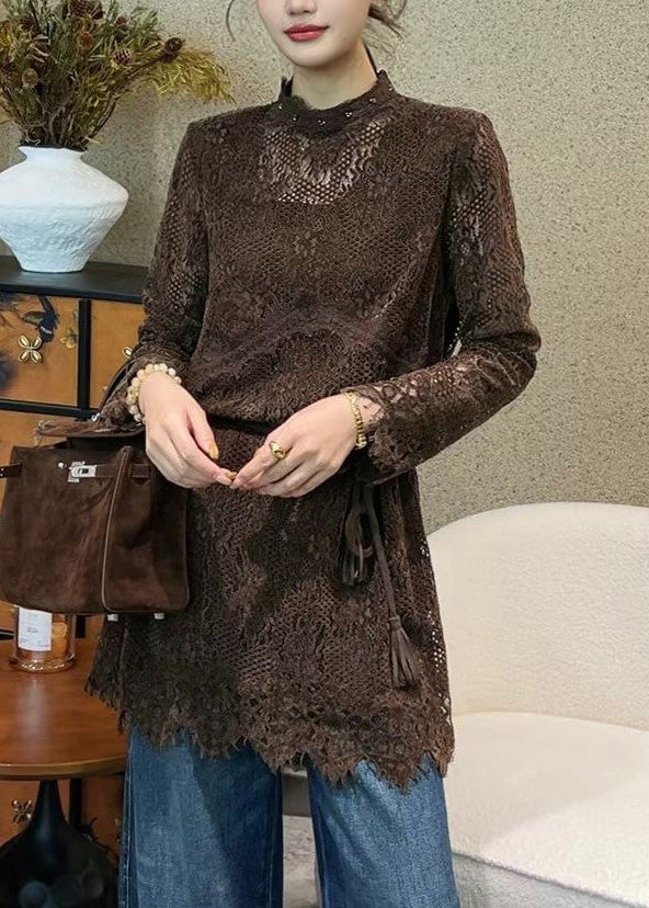 Italian Coffee Hollow Out Tie Waist Lace Mini Dress Fall
