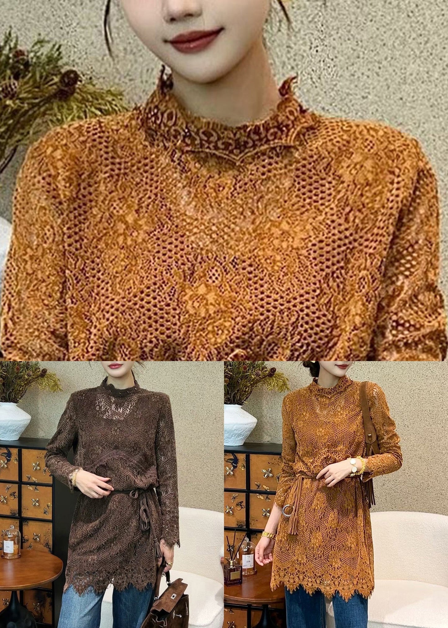 Italian Coffee Hollow Out Tie Waist Lace Mini Dress Fall