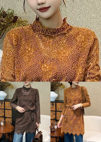 Italian Coffee Hollow Out Tie Waist Lace Mini Dress Fall