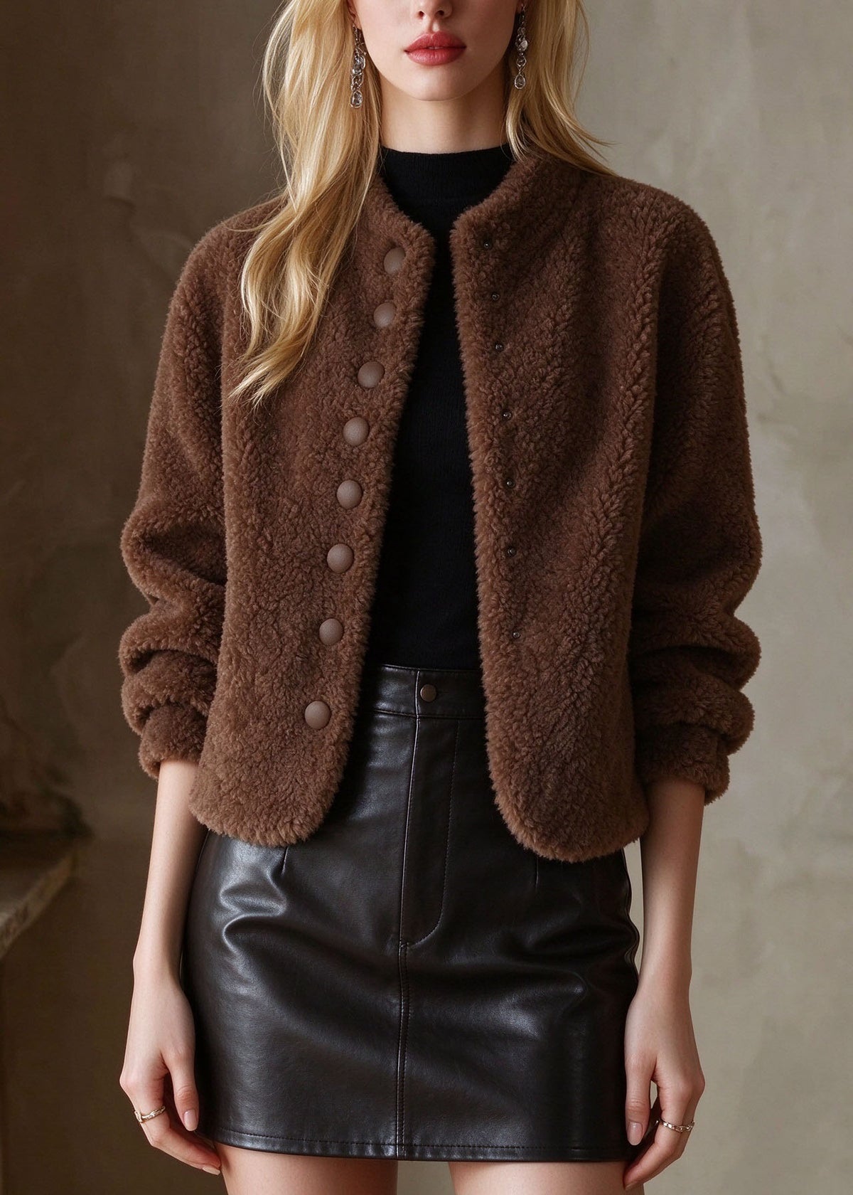 Italian Coffee O-Neck Solid Faux Fur Coat Winter