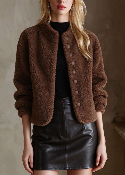Italian Coffee O-Neck Solid Faux Fur Coat Winter