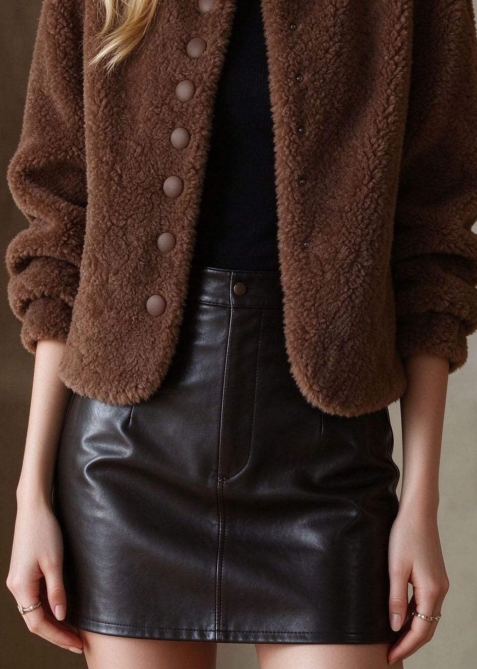 Italian Coffee O-Neck Solid Faux Fur Coat Winter