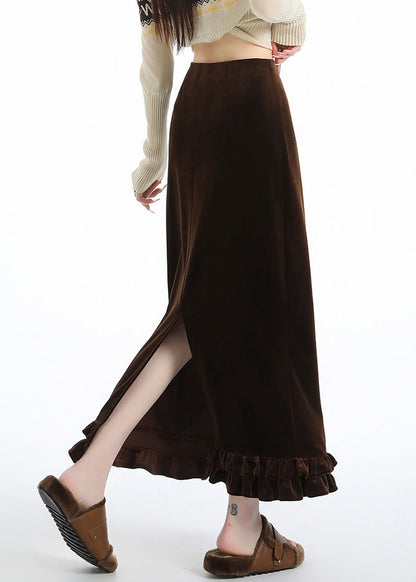 Italian Coffee Ruffled Side Open Warm Fleece Silk Velvet Skirts Winter