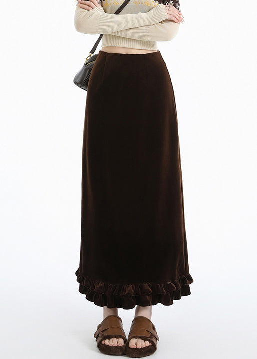 Italian Coffee Ruffled Side Open Warm Fleece Silk Velvet Skirts Winter