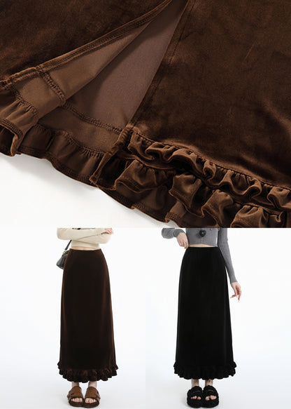 Italian Coffee Ruffled Side Open Warm Fleece Silk Velvet Skirts Winter