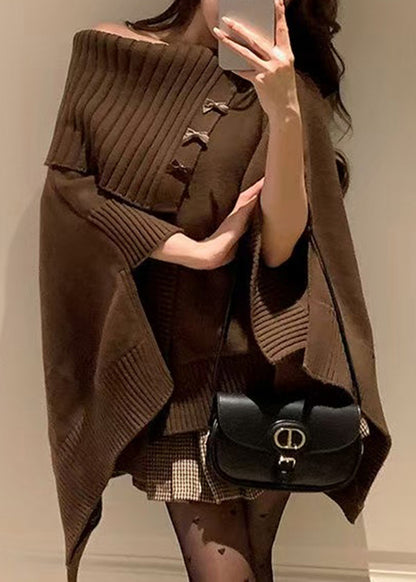 Italian Coffee Slash Neck Asymmetrical Knit Sweater Cloak Sleeves
