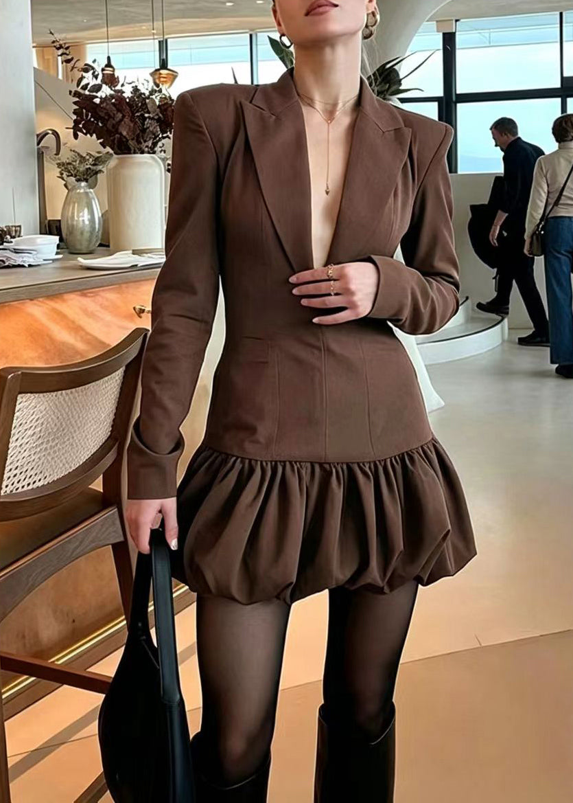 Italian Coffee V Neck Mini Dress Long Sleeve