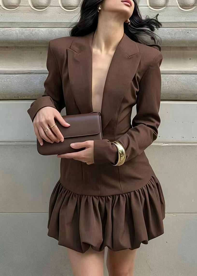 Italian Coffee V Neck Mini Dress Long Sleeve