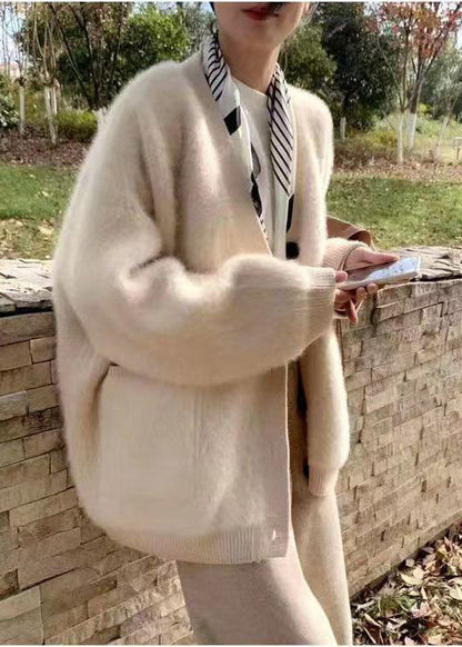 Italian Chocolate V Neck Pockets Warm Mink Hair Knitted Cardigans Winter