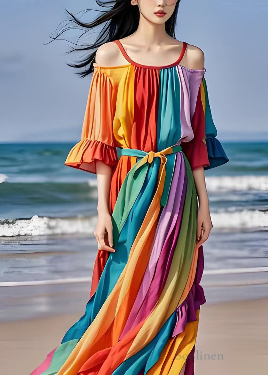 Italian Colorblock Cold Shoulder Ruffled Patchwork Chiffon Dress Summer