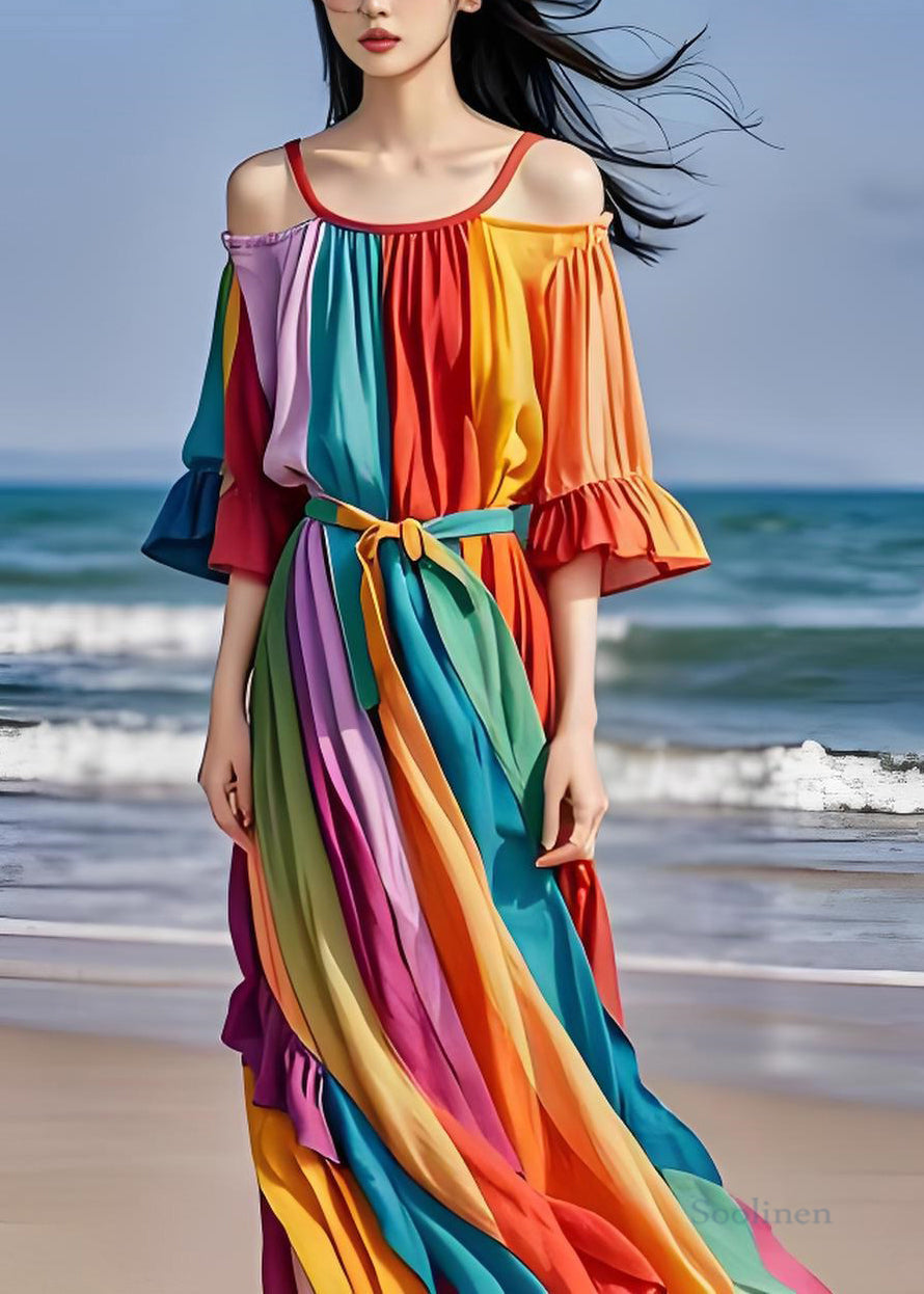 Italian Colorblock Cold Shoulder Ruffled Patchwork Chiffon Dress Summer