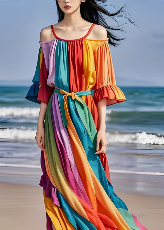 Italian Colorblock Cold Shoulder Ruffled Patchwork Chiffon Dress Summer