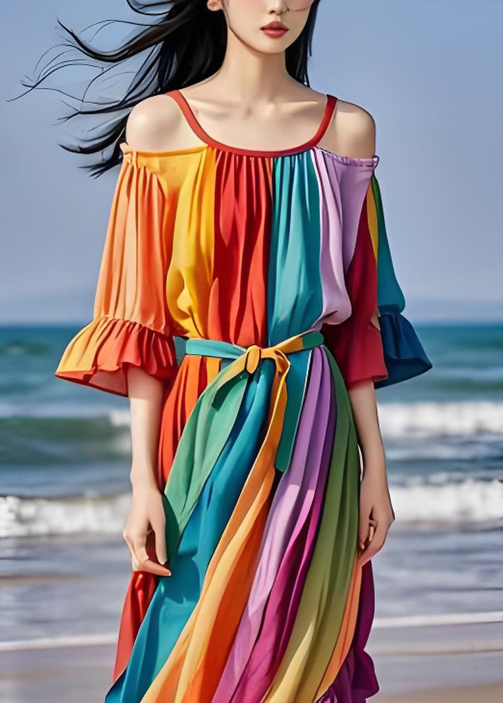Italian Colorblock Cold Shoulder Ruffled Patchwork Chiffon Dress Summer