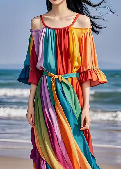 Italian Colorblock Cold Shoulder Ruffled Patchwork Chiffon Dress Summer