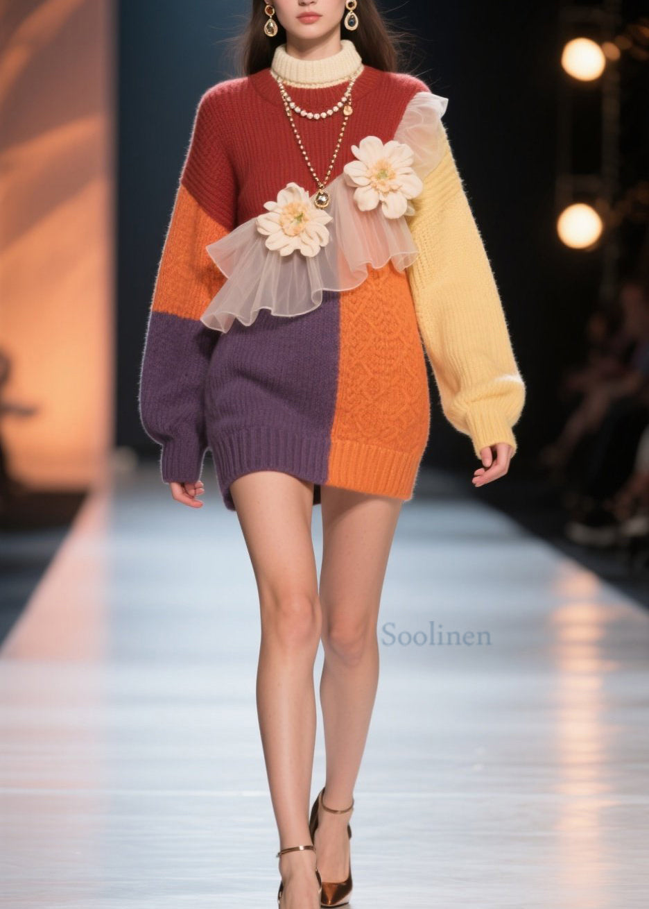 Italian Colorblock Hign Neck Tulle Floral Knit Dress Winter